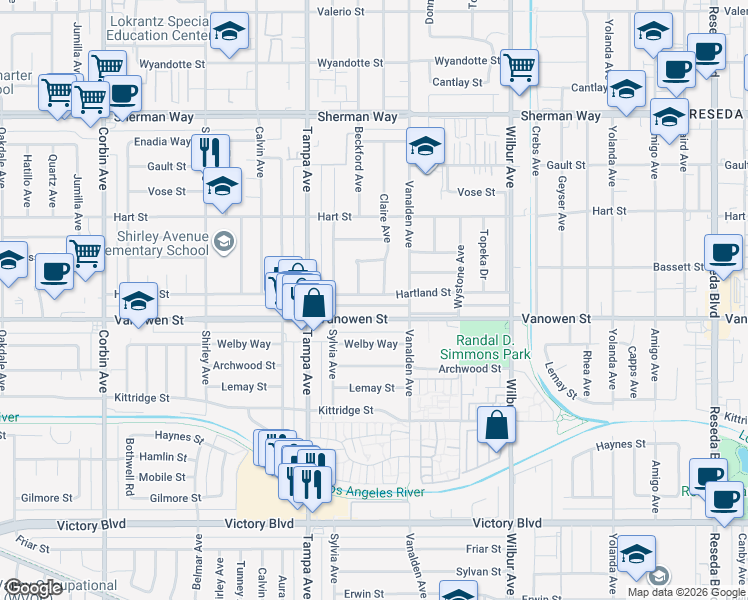 map of restaurants, bars, coffee shops, grocery stores, and more near 19153 Vanowen Street in Los Angeles