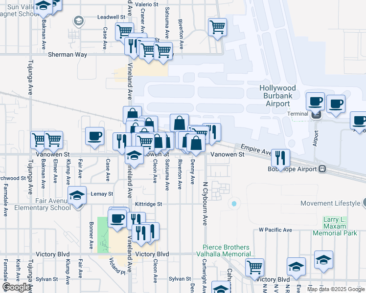 map of restaurants, bars, coffee shops, grocery stores, and more near 10715 Vanowen Street in Los Angeles