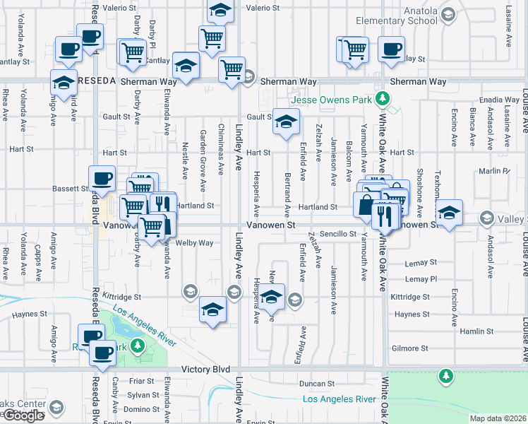 map of restaurants, bars, coffee shops, grocery stores, and more near 18013 Vanowen Street in Los Angeles