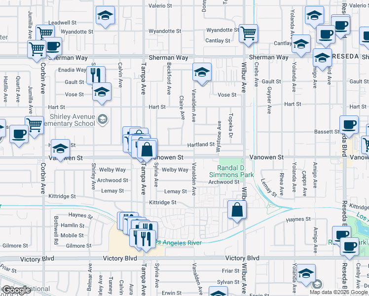 map of restaurants, bars, coffee shops, grocery stores, and more near 19120 Hartland Street in Los Angeles
