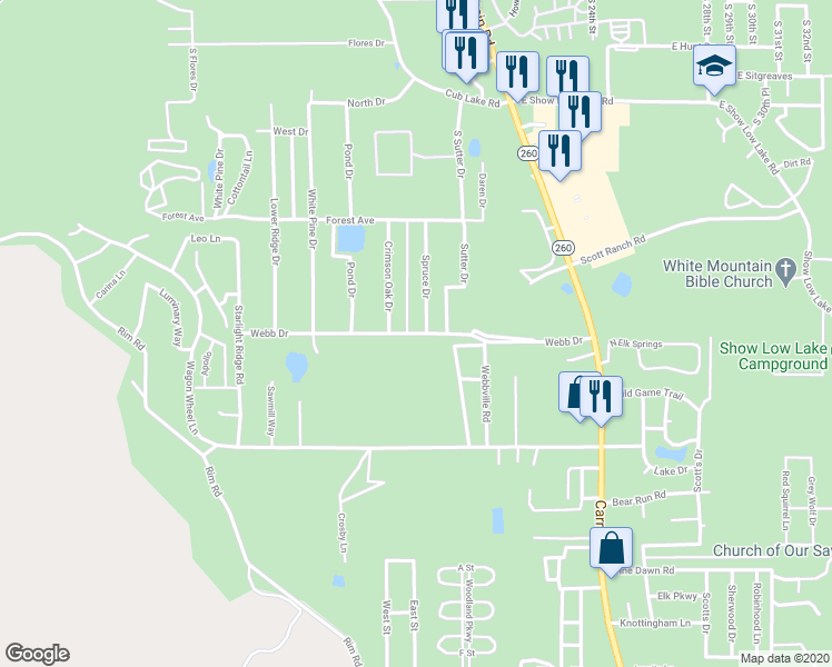 map of restaurants, bars, coffee shops, grocery stores, and more near Webb Dr in Navajo
