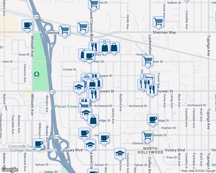 map of restaurants, bars, coffee shops, grocery stores, and more near 11943 Vanowen Street in Los Angeles