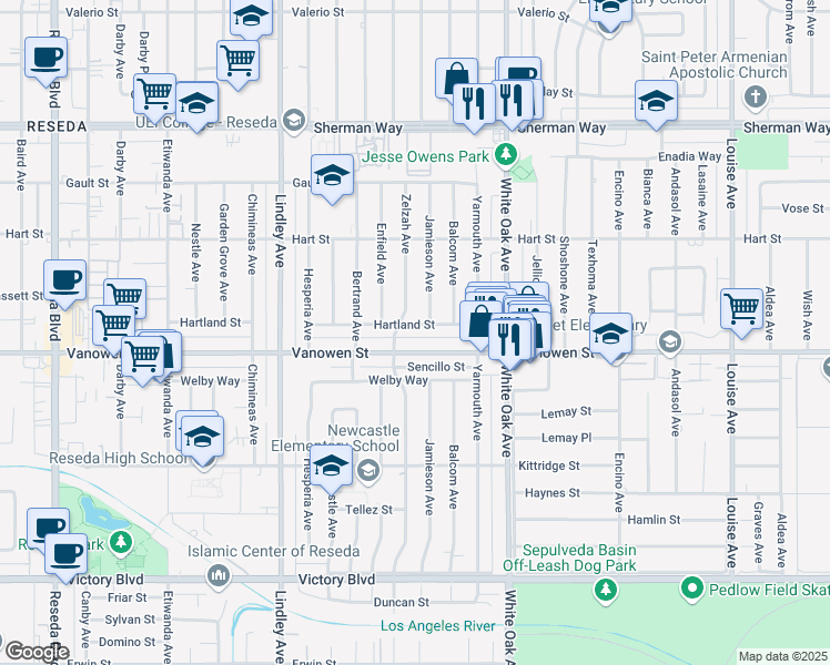 map of restaurants, bars, coffee shops, grocery stores, and more near 17844 Hartland Street in Los Angeles