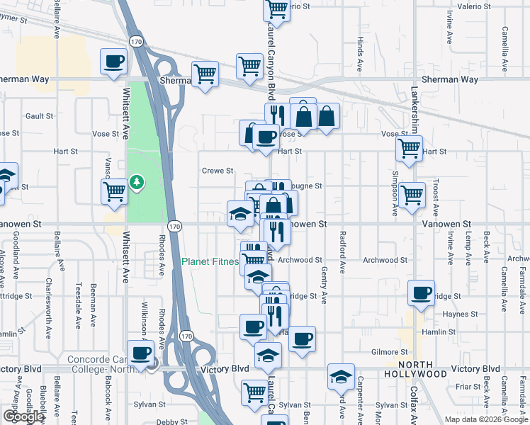 map of restaurants, bars, coffee shops, grocery stores, and more near 6819 Laurel Canyon Boulevard in Los Angeles