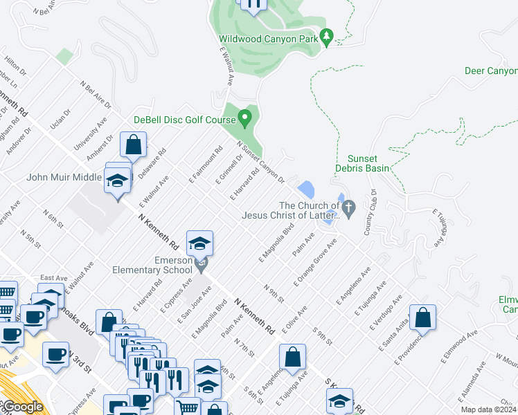 map of restaurants, bars, coffee shops, grocery stores, and more near 1034 East Cypress Avenue in Burbank