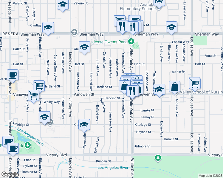 map of restaurants, bars, coffee shops, grocery stores, and more near 17807 Vanowen Street in Los Angeles