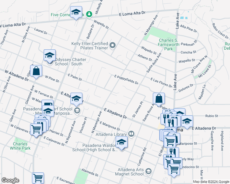 map of restaurants, bars, coffee shops, grocery stores, and more near 2912 Marengo Avenue in Altadena
