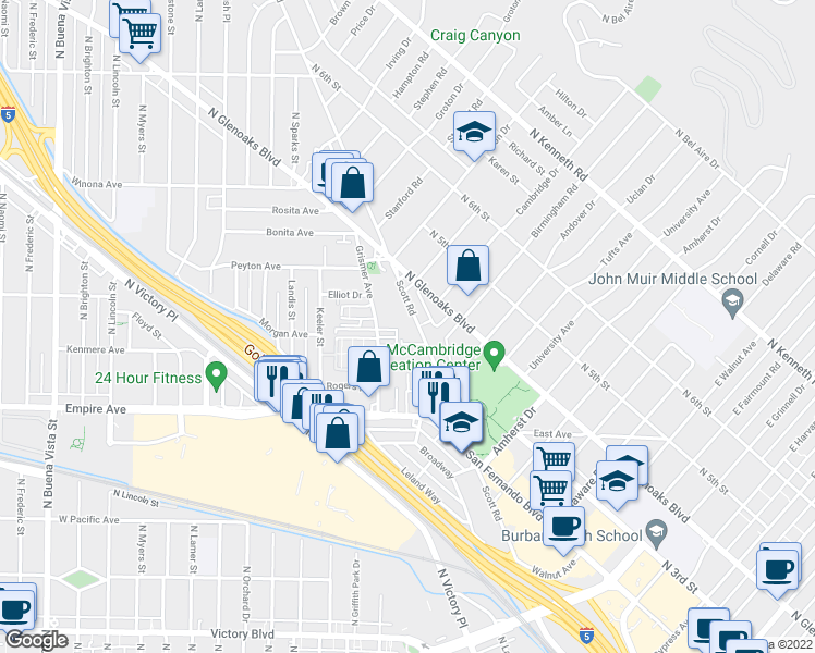 map of restaurants, bars, coffee shops, grocery stores, and more near 1711 Scott Road in Burbank