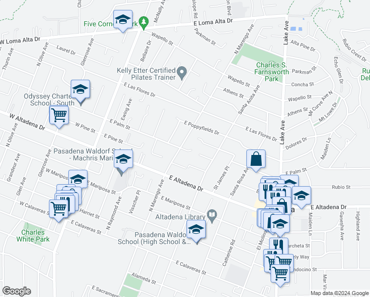 map of restaurants, bars, coffee shops, grocery stores, and more near 2912 Marengo Avenue in Altadena