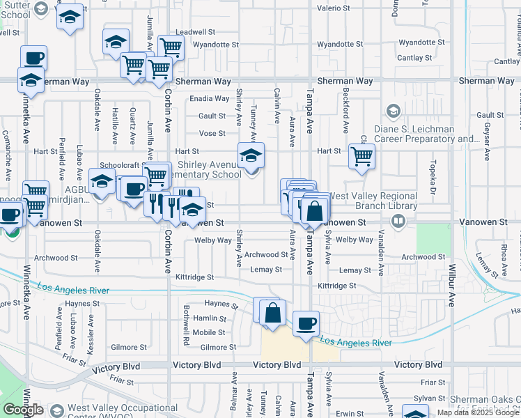 map of restaurants, bars, coffee shops, grocery stores, and more near 19432 Hartland Street in Los Angeles