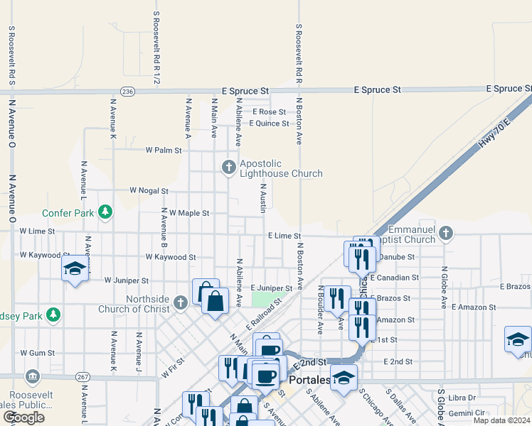 map of restaurants, bars, coffee shops, grocery stores, and more near 1416 North Austin Avenue in Portales
