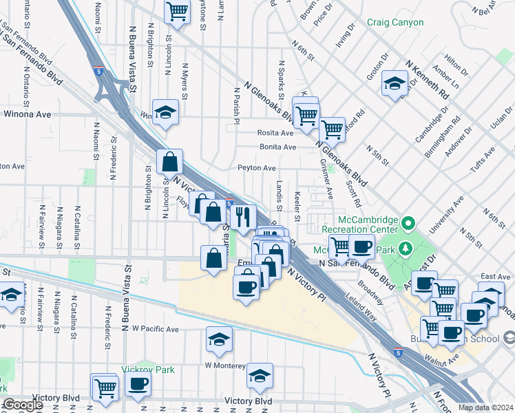map of restaurants, bars, coffee shops, grocery stores, and more near 1807 Keeler Street in Burbank