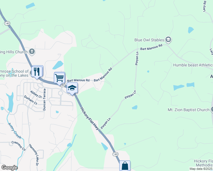 map of restaurants, bars, coffee shops, grocery stores, and more near 382 Bart Manous Road in Canton