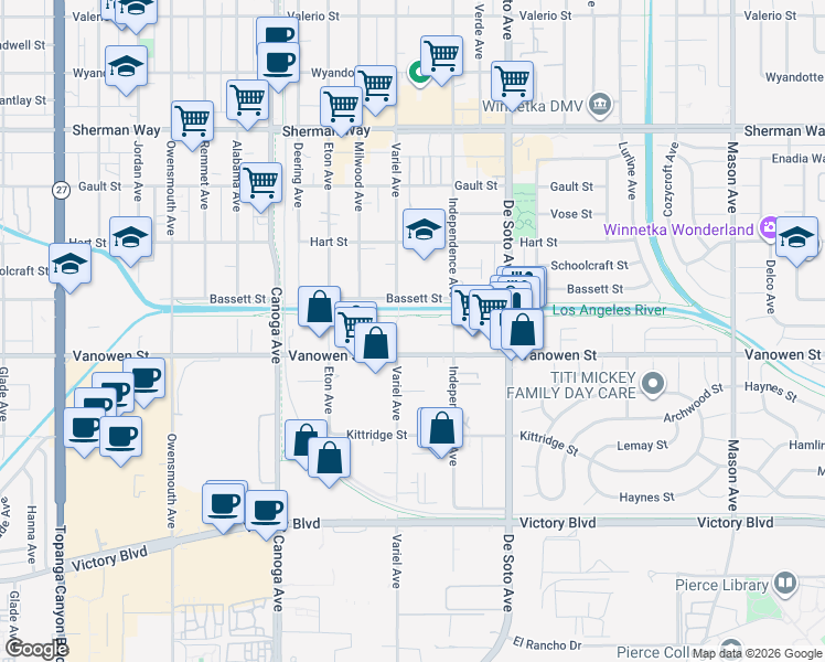 map of restaurants, bars, coffee shops, grocery stores, and more near 21021 Vanowen Street in Los Angeles