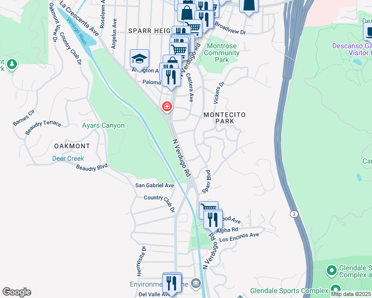 map of restaurants, bars, coffee shops, grocery stores, and more near 3116 North Verdugo Road in Glendale