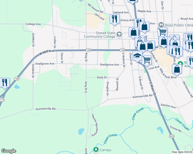 map of restaurants, bars, coffee shops, grocery stores, and more near 361 Daily Street in Boaz