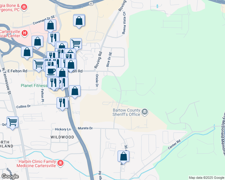 map of restaurants, bars, coffee shops, grocery stores, and more near 249 East Felton Road in Cartersville