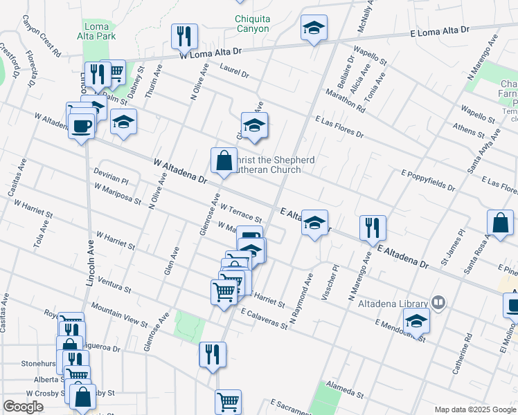 map of restaurants, bars, coffee shops, grocery stores, and more near 36 West Altadena Drive in Altadena