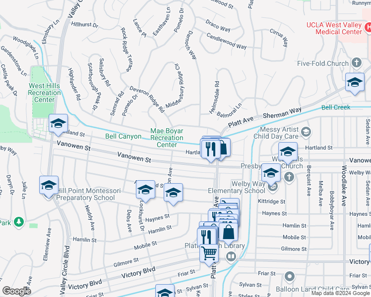 map of restaurants, bars, coffee shops, grocery stores, and more near 23819 Hartland Street in Los Angeles