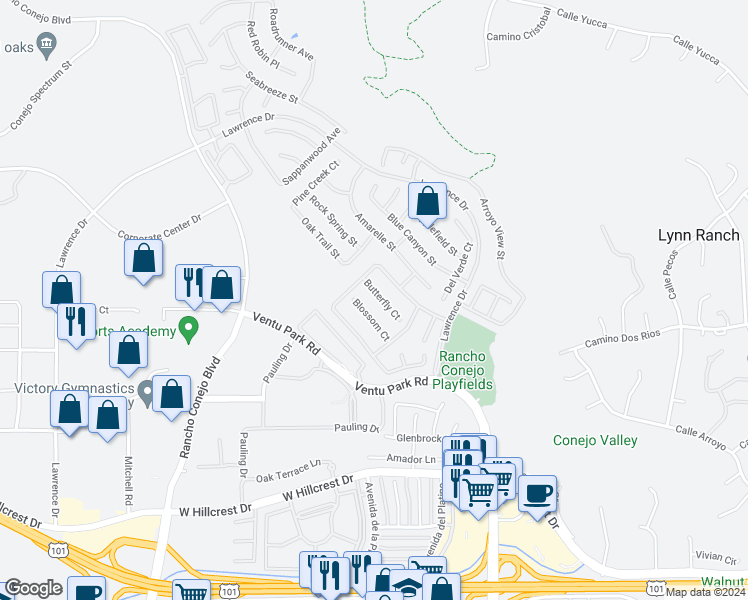 map of restaurants, bars, coffee shops, grocery stores, and more near 1740 Butterfly Court in Thousand Oaks