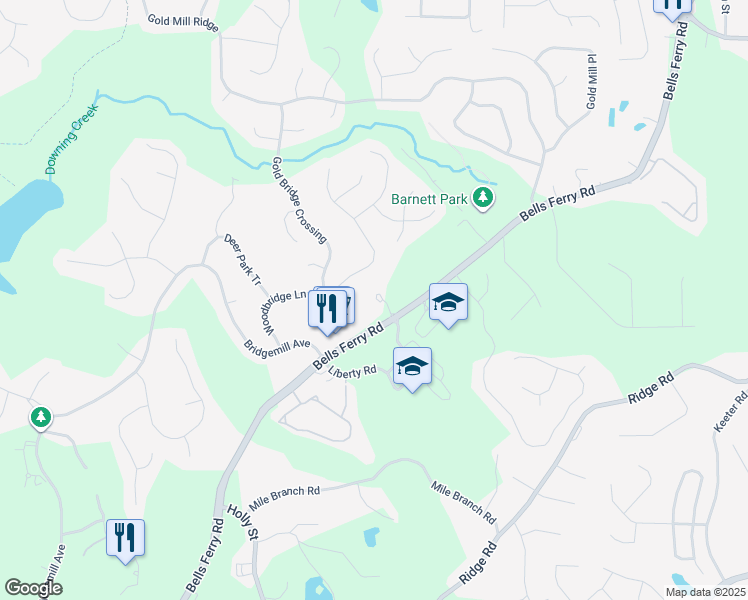 map of restaurants, bars, coffee shops, grocery stores, and more near 10451 Bells Ferry Road in Canton