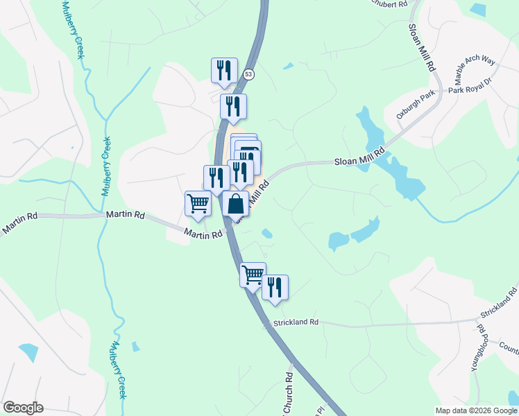 map of restaurants, bars, coffee shops, grocery stores, and more near 4202 Holcomb Circle in Flowery Branch