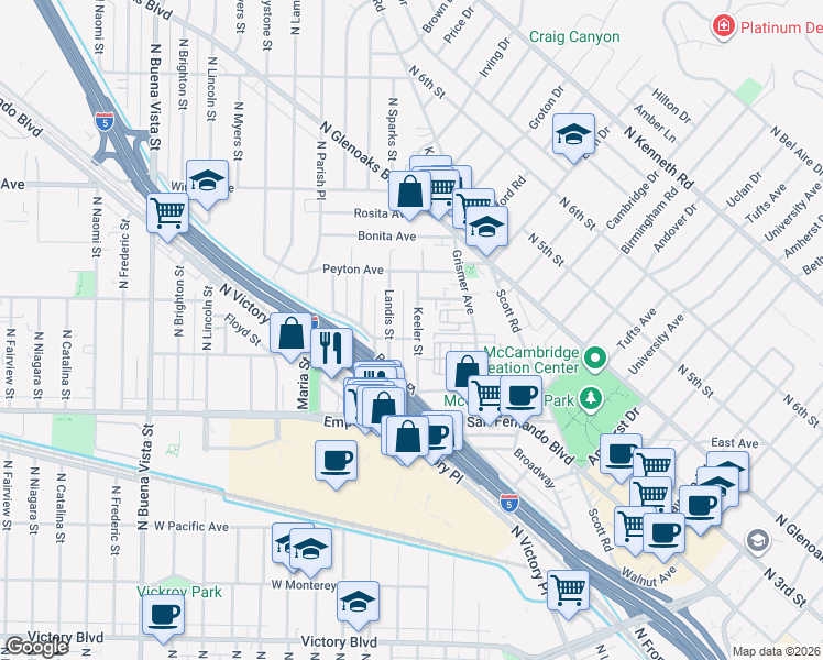 map of restaurants, bars, coffee shops, grocery stores, and more near 1807 Keeler Street in Burbank