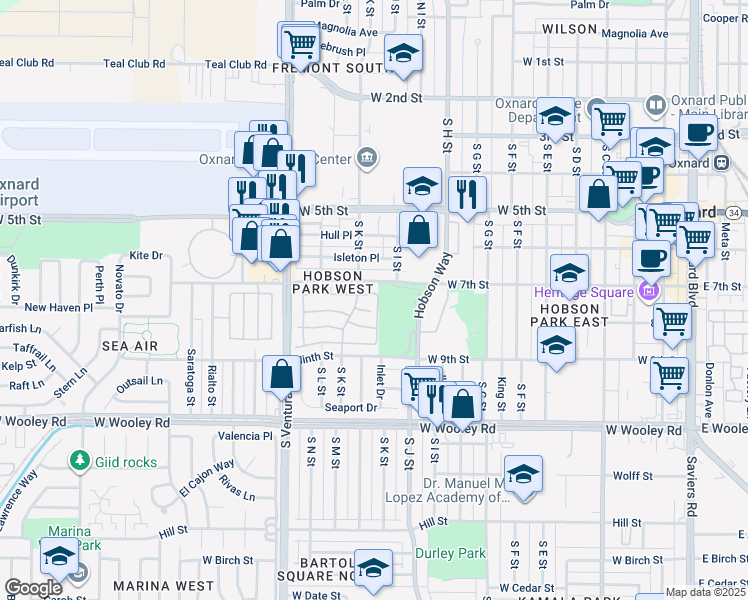 map of restaurants, bars, coffee shops, grocery stores, and more near 1130 Key West Court in Oxnard