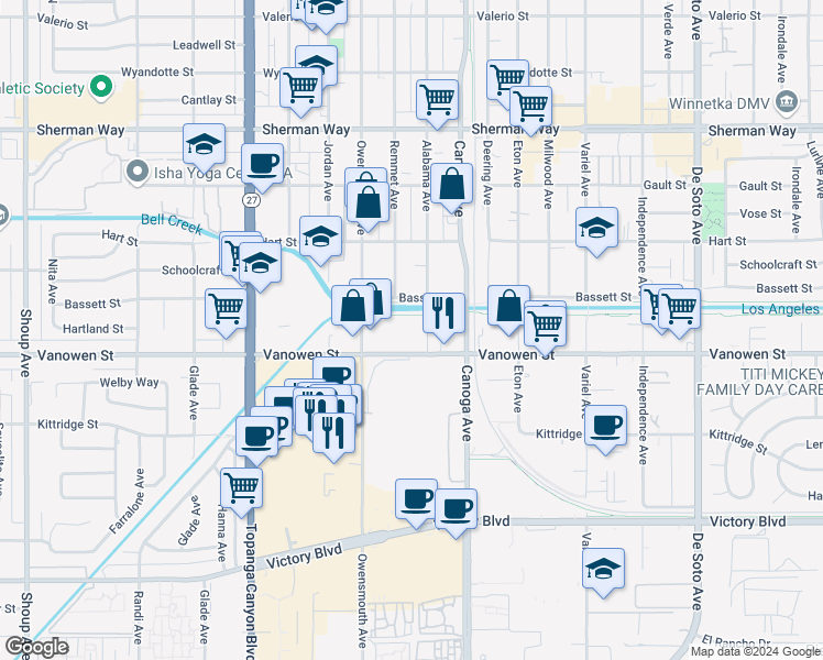 map of restaurants, bars, coffee shops, grocery stores, and more near 6825 Alabama Avenue in Los Angeles