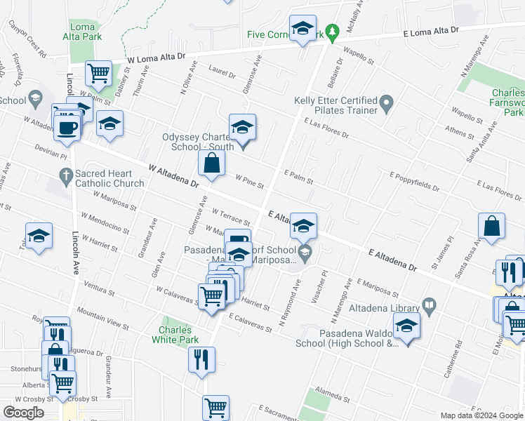 map of restaurants, bars, coffee shops, grocery stores, and more near 2 East Altadena Drive in Altadena