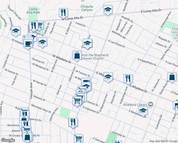 map of restaurants, bars, coffee shops, grocery stores, and more near 36 West Altadena Drive in Altadena