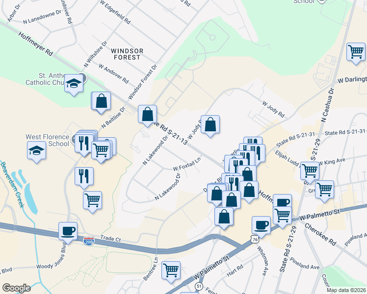 map of restaurants, bars, coffee shops, grocery stores, and more near 2319 West Meadow Lane in Florence