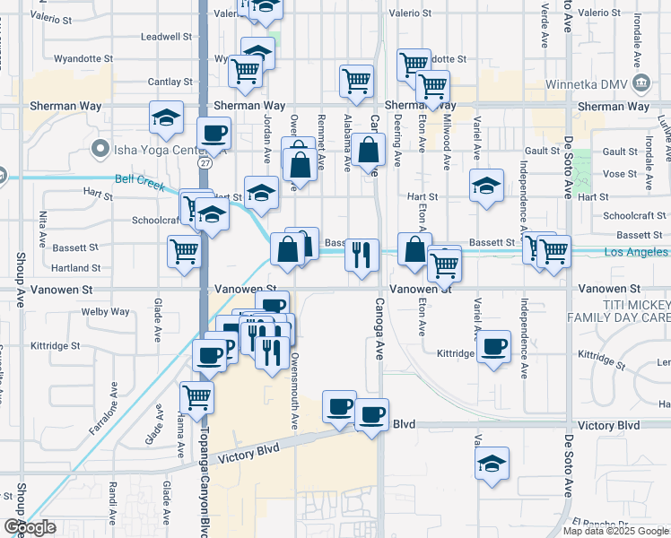 map of restaurants, bars, coffee shops, grocery stores, and more near 6820 Remmet Avenue in Los Angeles