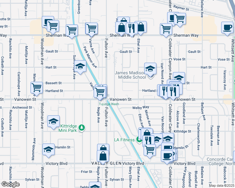 map of restaurants, bars, coffee shops, grocery stores, and more near 13219 Vanowen Street in Los Angeles
