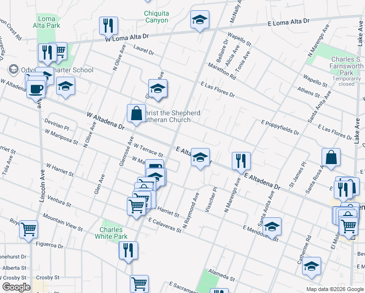 map of restaurants, bars, coffee shops, grocery stores, and more near 41 East Altadena Drive in Altadena