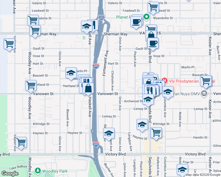 map of restaurants, bars, coffee shops, grocery stores, and more near 6819 Chisholm Avenue in Los Angeles