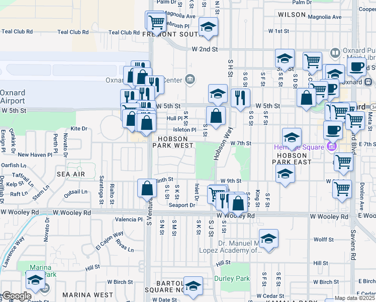 map of restaurants, bars, coffee shops, grocery stores, and more near 1130 Key West Court in Oxnard