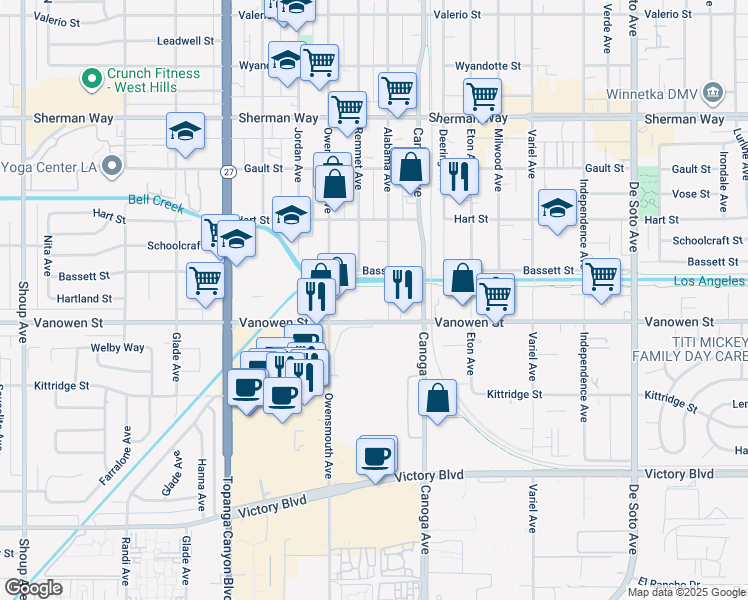 map of restaurants, bars, coffee shops, grocery stores, and more near 6825 Alabama Avenue in Los Angeles