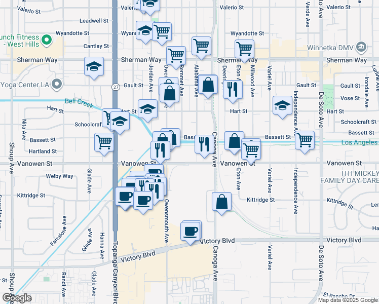 map of restaurants, bars, coffee shops, grocery stores, and more near 6825 Alabama Avenue in Los Angeles