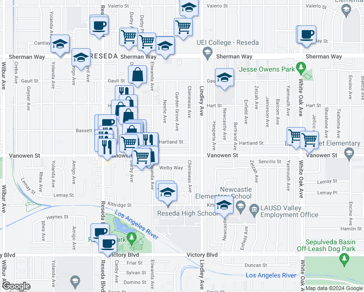 map of restaurants, bars, coffee shops, grocery stores, and more near 18148 Hartland Street in Los Angeles