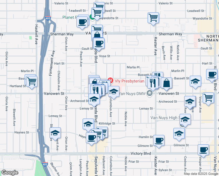 map of restaurants, bars, coffee shops, grocery stores, and more near 15216 Vanowen Street in Los Angeles
