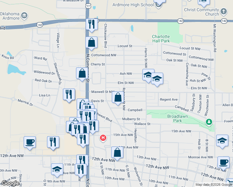 map of restaurants, bars, coffee shops, grocery stores, and more near 1701 Robison Street Northwest in Ardmore