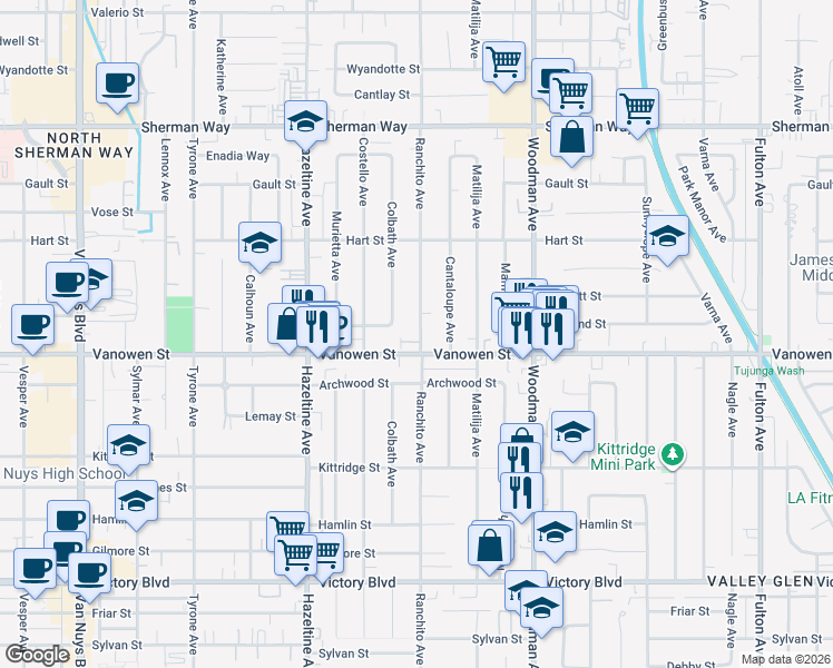 map of restaurants, bars, coffee shops, grocery stores, and more near 6825 Ranchito Avenue in Los Angeles