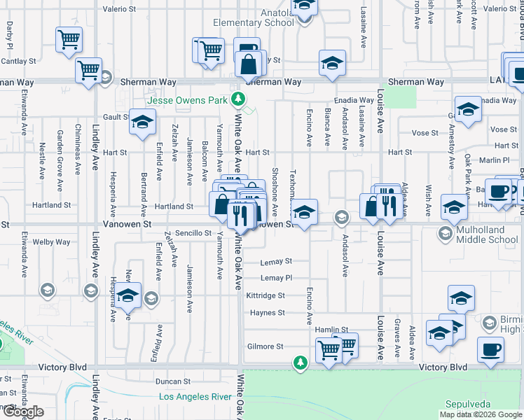 map of restaurants, bars, coffee shops, grocery stores, and more near 6820 Jellico Avenue in Los Angeles