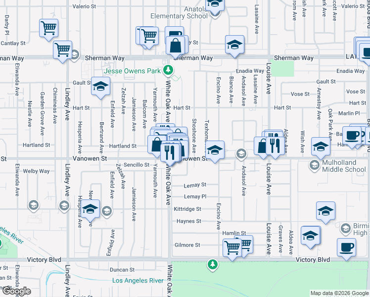 map of restaurants, bars, coffee shops, grocery stores, and more near 6820 Jellico Avenue in Los Angeles