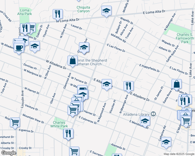 map of restaurants, bars, coffee shops, grocery stores, and more near 41 East Altadena Drive in Altadena