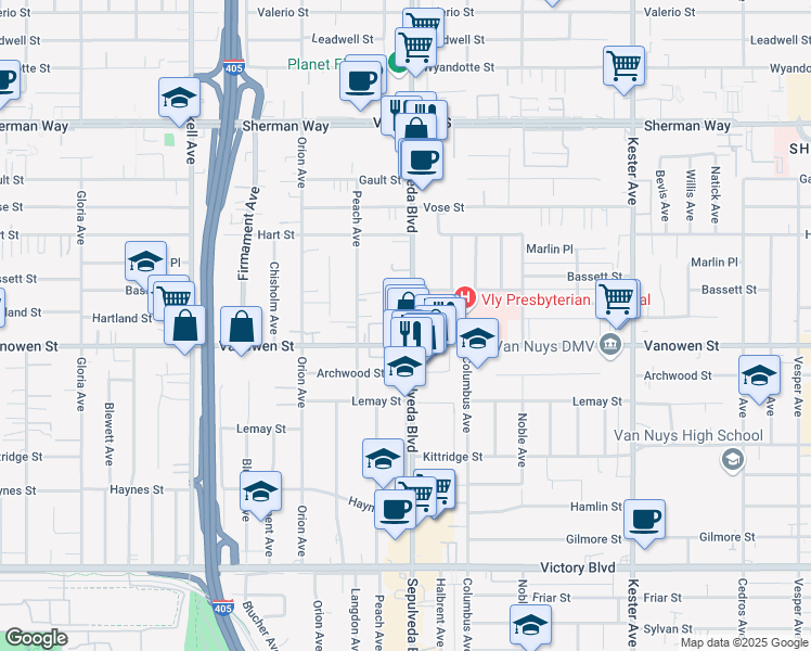 map of restaurants, bars, coffee shops, grocery stores, and more near 15319 Vanowen Street in Los Angeles