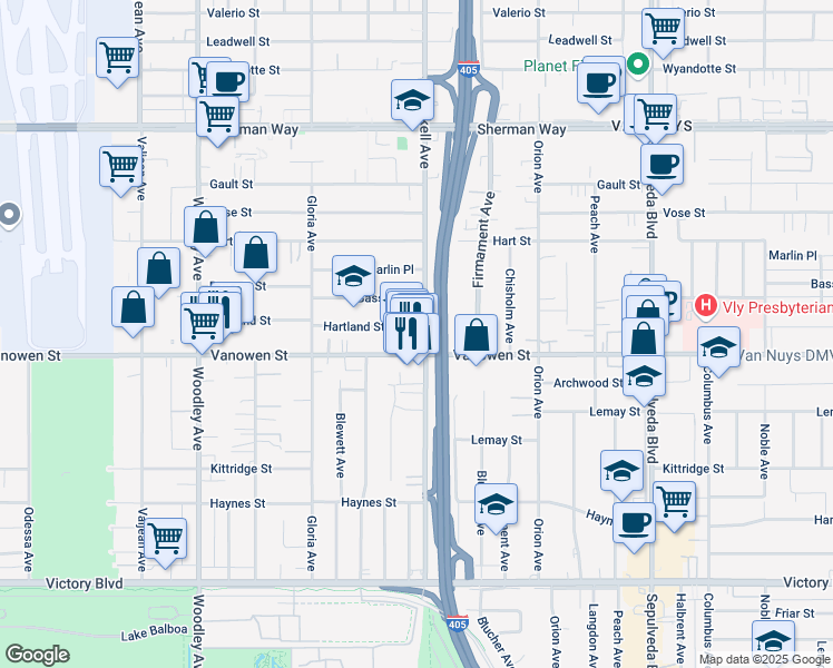 map of restaurants, bars, coffee shops, grocery stores, and more near 6825 Haskell Avenue in Los Angeles