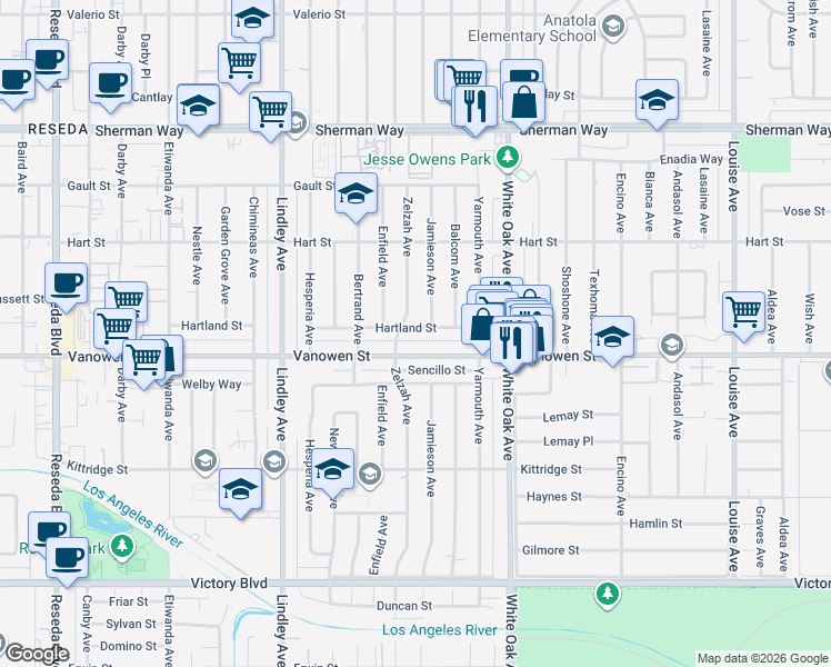 map of restaurants, bars, coffee shops, grocery stores, and more near 17844 Hartland Street in Los Angeles