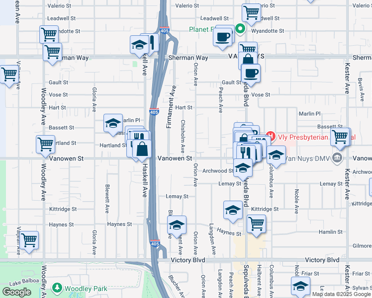 map of restaurants, bars, coffee shops, grocery stores, and more near 6818 Chisholm Avenue in Los Angeles